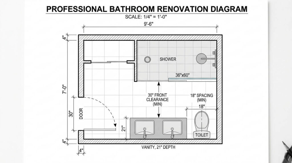 Standard bathroom cabinet dimensions with measuring tape across modern vanity countertop