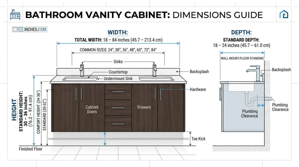 Bathroom cabinet dimensions infographic showing standard width height and depth measurements