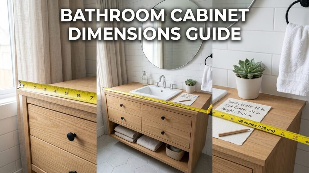 Bathroom layout with cabinet dimensions and required clearance measurements