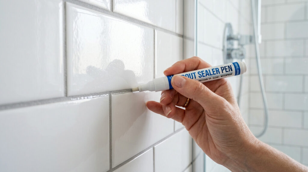 Applying baking soda paste to shower grout