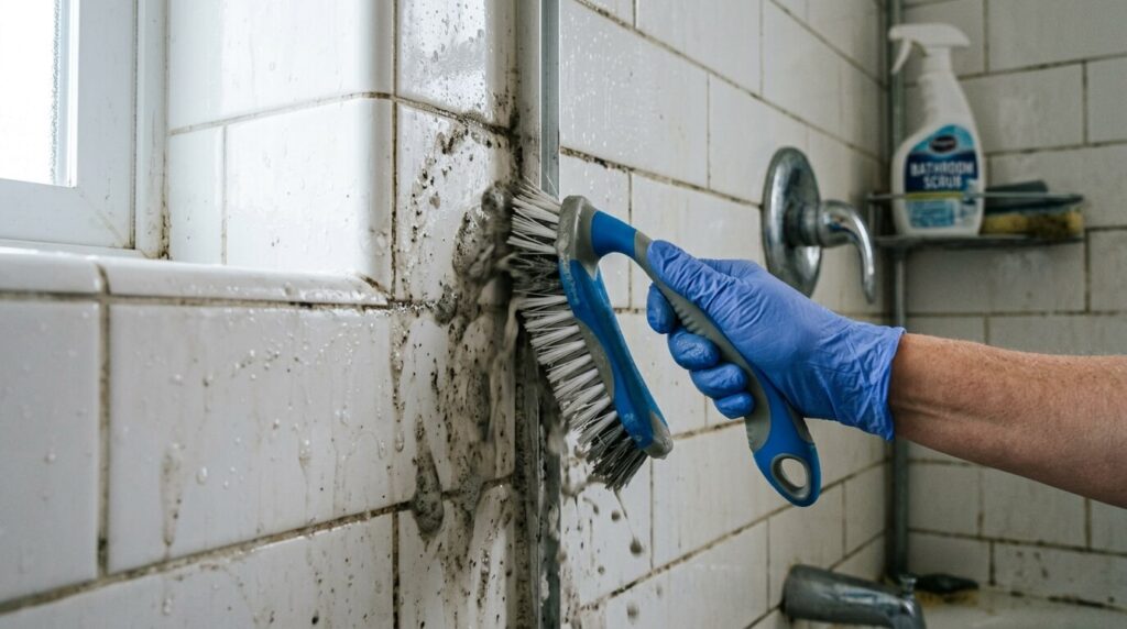 Scrubbing shower grout with grout brush