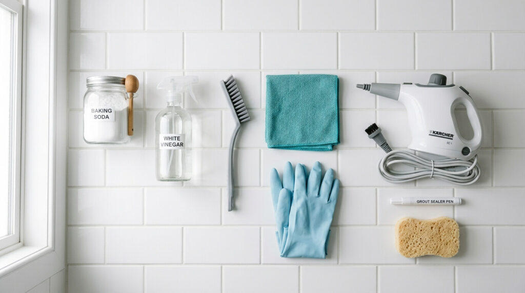 Applying grout sealer to clean grout