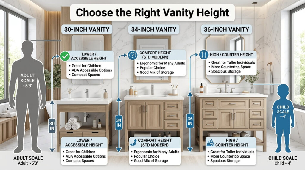 Comparison of bathroom cabinet dimensions and vanity height options for different users